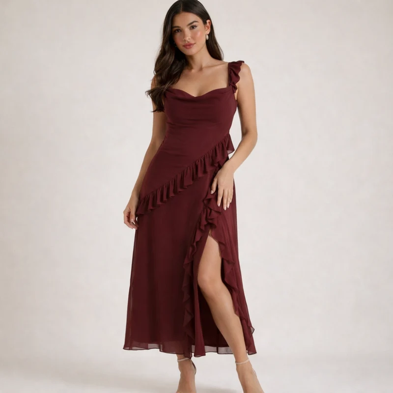 Damen Maxikleid mit Riemen und Rüschenbesatz