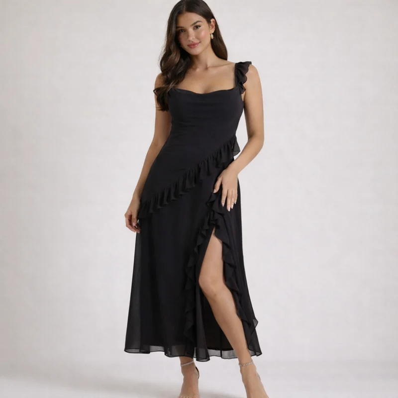 Damen Maxikleid mit Riemen und Rüschenbesatz