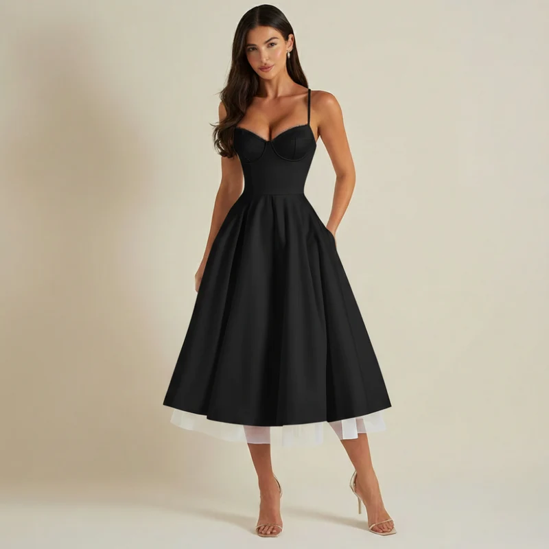 Damen Midikleid mit Korsettoberteil und schmalen Trägern