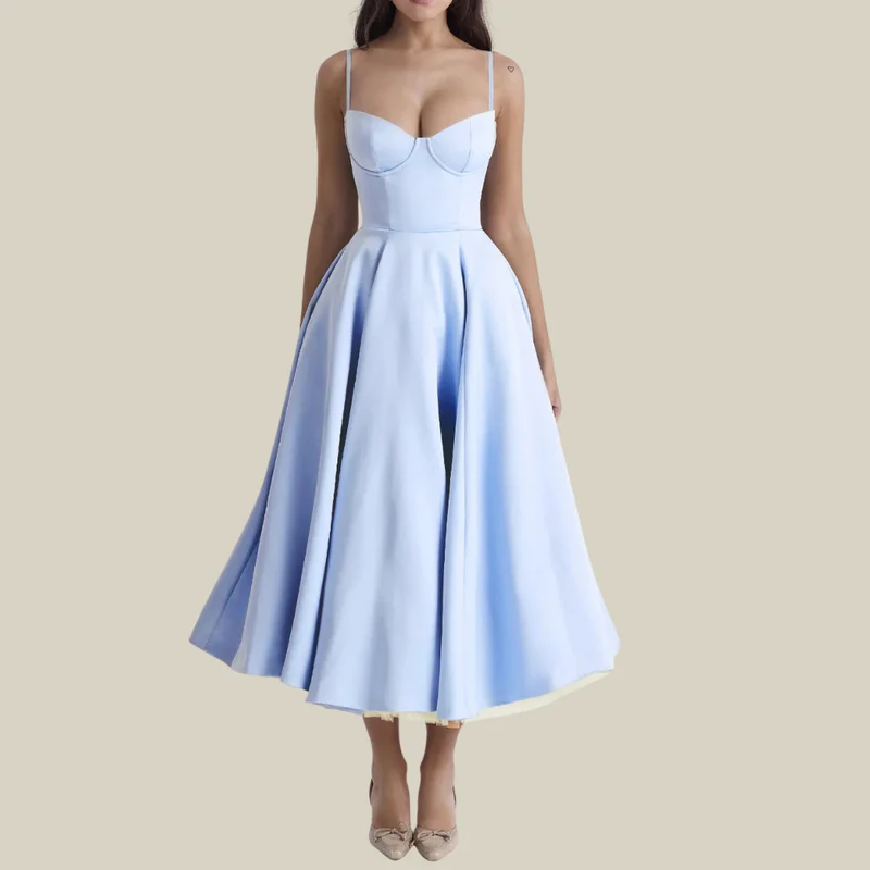 Damen Midikleid mit Korsettoberteil und schmalen Trägern