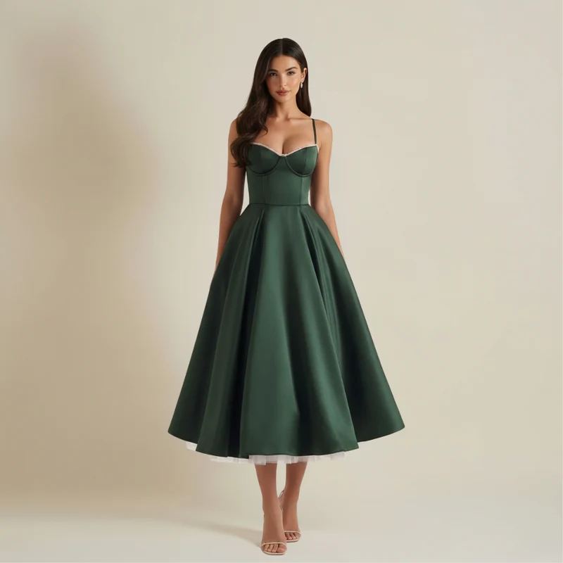 Damen Midikleid mit Korsettoberteil und schmalen Trägern
