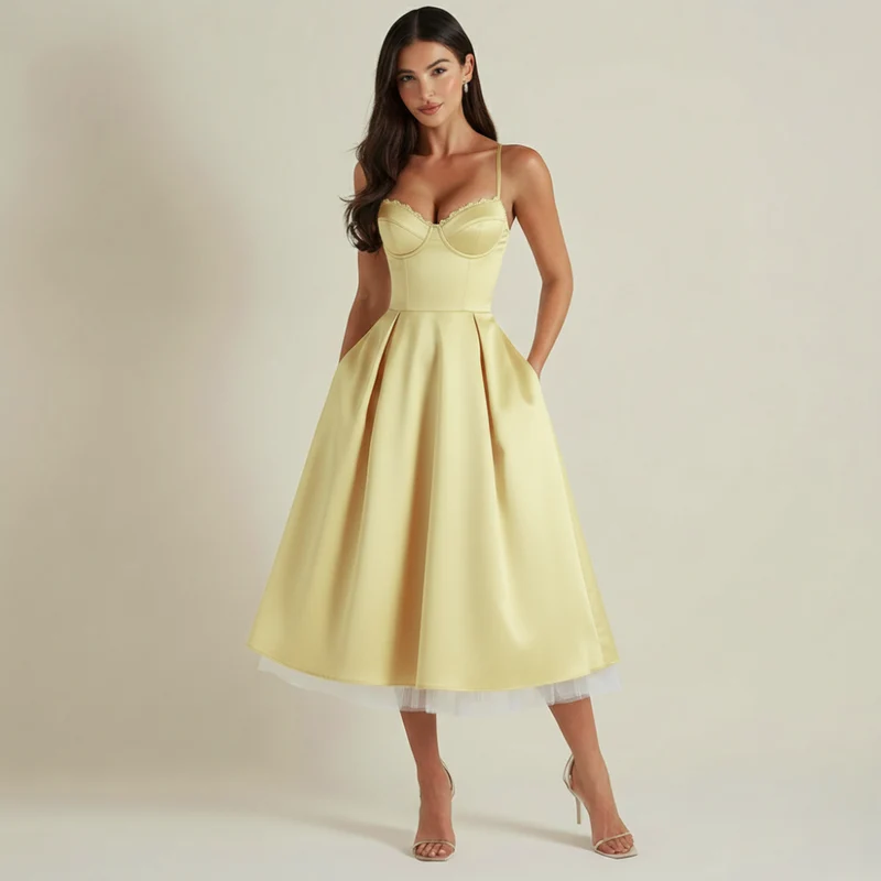 Damen Midikleid mit Korsettoberteil und schmalen Trägern