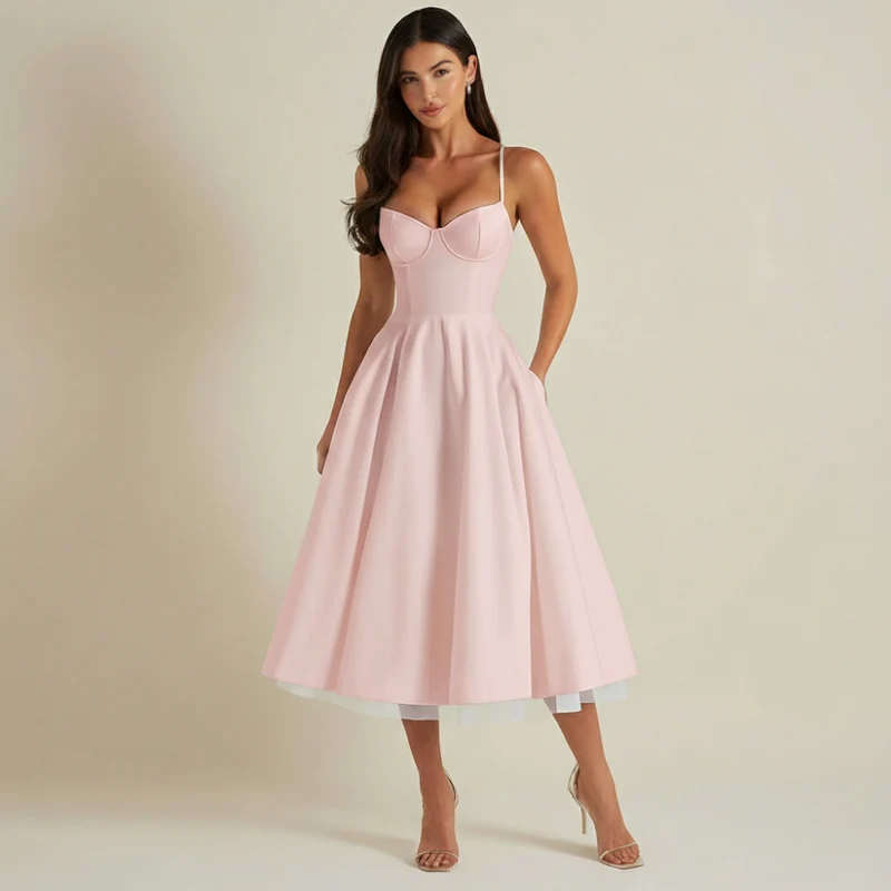 Damen Midikleid mit Korsettoberteil und schmalen Trägern