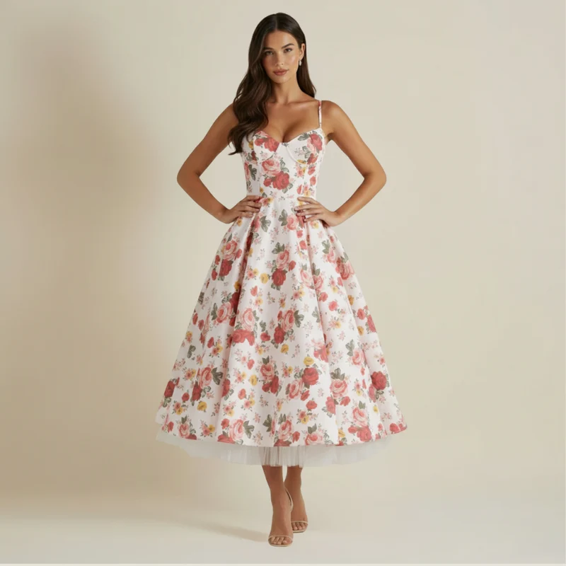 Damen Midikleid mit Korsettoberteil und schmalen Trägern