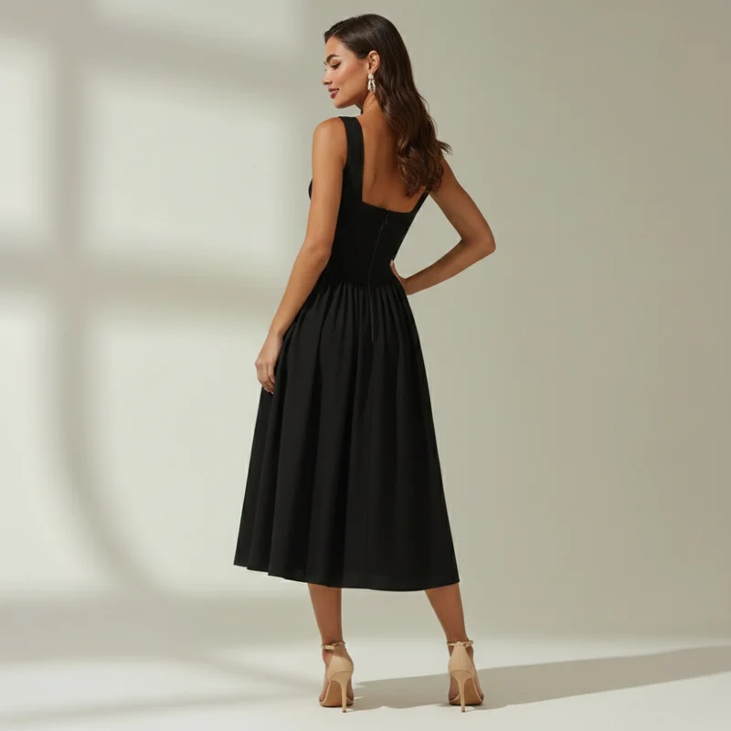 Damen Midikleid mit tiefem V-Ausschnitt und ärmellosem Oberteil