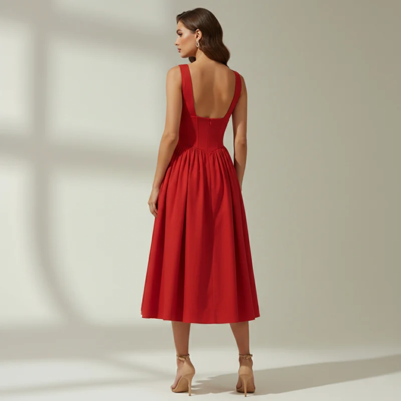 Damen Midikleid mit tiefem V-Ausschnitt und ärmellosem Oberteil