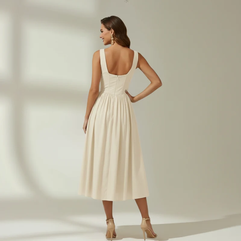 Damen Midikleid mit tiefem V-Ausschnitt und ärmellosem Oberteil
