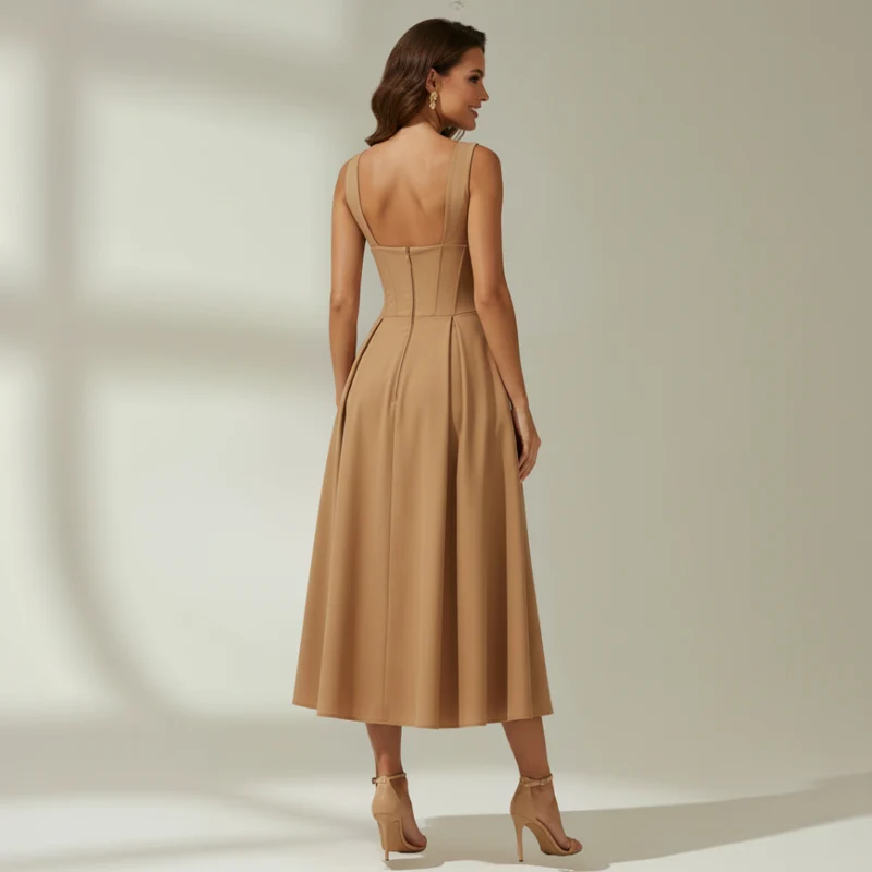 Damen Midikleid mit tiefem V-Ausschnitt und ärmellosem Oberteil