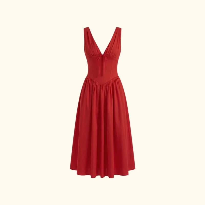 Damen Midikleid mit tiefem V-Ausschnitt und ärmellosem Oberteil