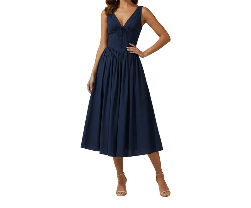 Damen Midikleid mit tiefem V-Ausschnitt und ärmellosem Oberteil