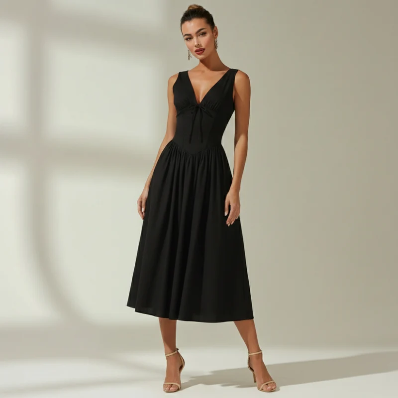 Damen Midikleid mit tiefem V-Ausschnitt und ärmellosem Oberteil
