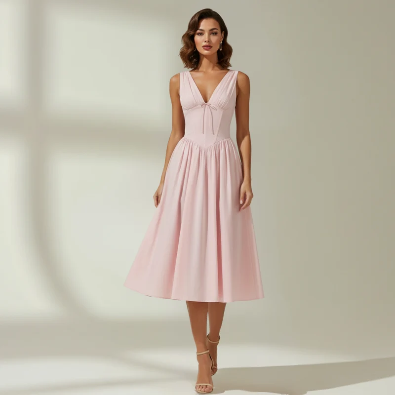 Damen Midikleid mit tiefem V-Ausschnitt und ärmellosem Oberteil
