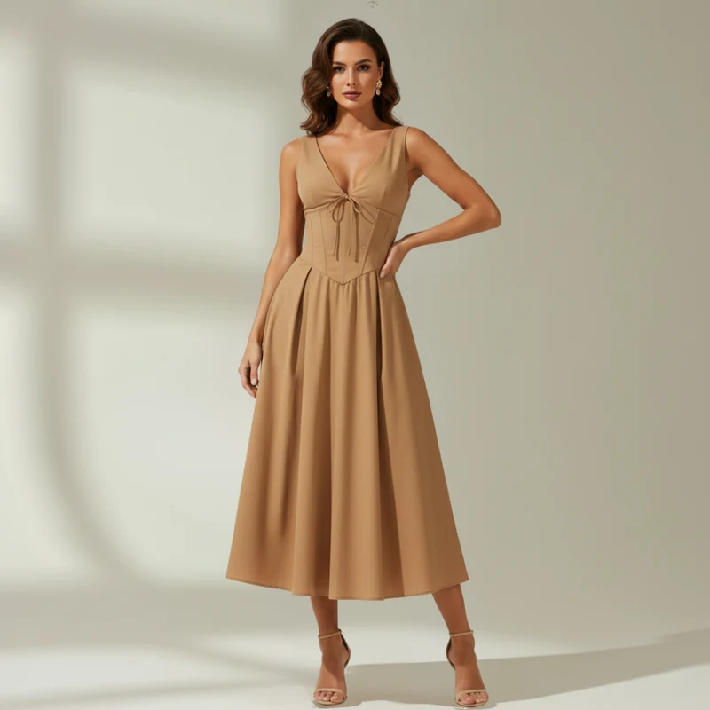 Damen Midikleid mit tiefem V-Ausschnitt und ärmellosem Oberteil