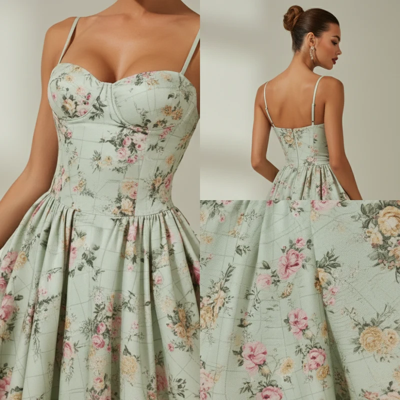 Damen Midikleid mit Blumenmuster und schmalen Trägern