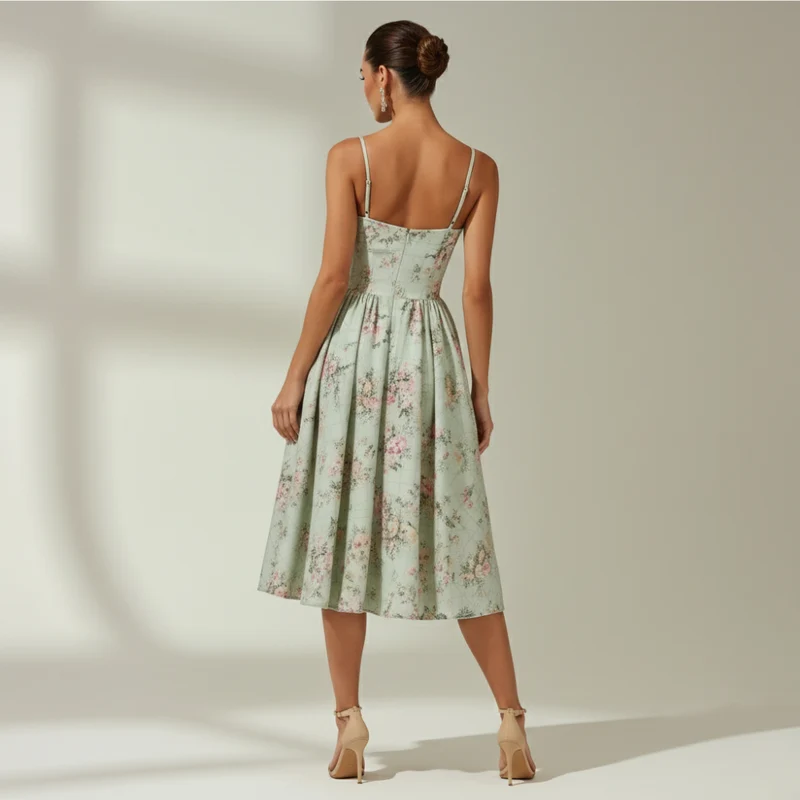 Damen Midikleid mit Blumenmuster und schmalen Trägern