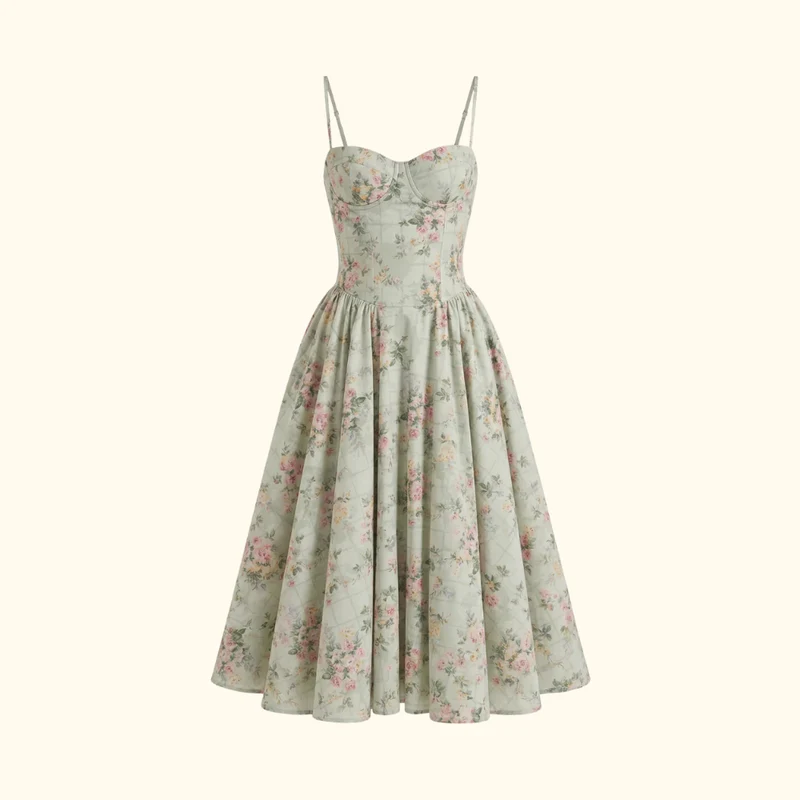 Damen Midikleid mit Blumenmuster und schmalen Trägern