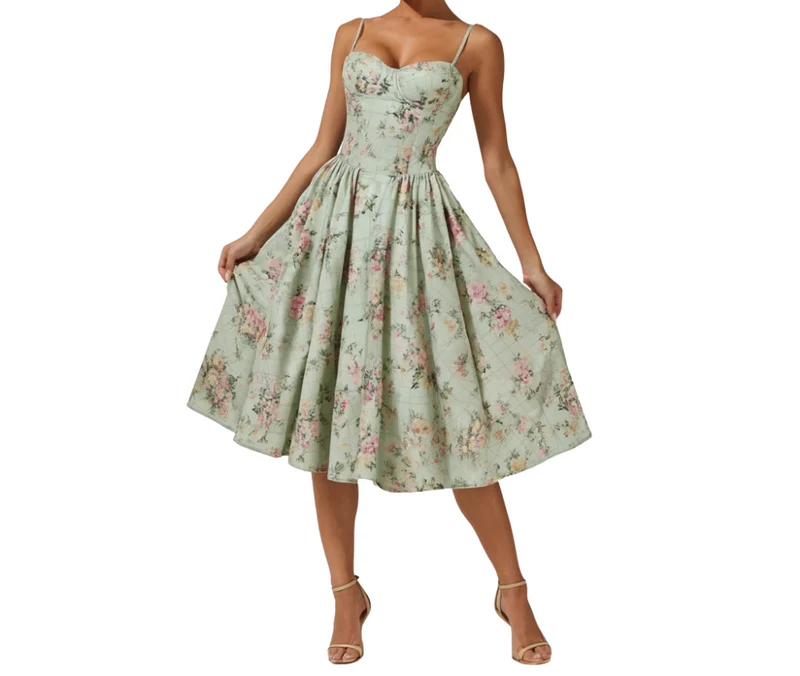 Damen Midikleid mit Blumenmuster und schmalen Trägern