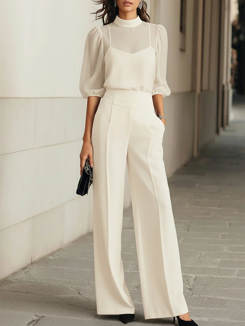 Damen Dreiteiliges Set mit Transparentem Oberteil und Weiter Hose
