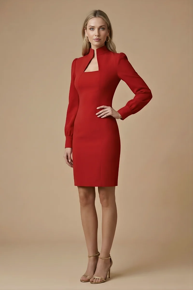 Damen Mini Kleid mit langen Ärmeln, Stehkragen und Ausschnittdetail