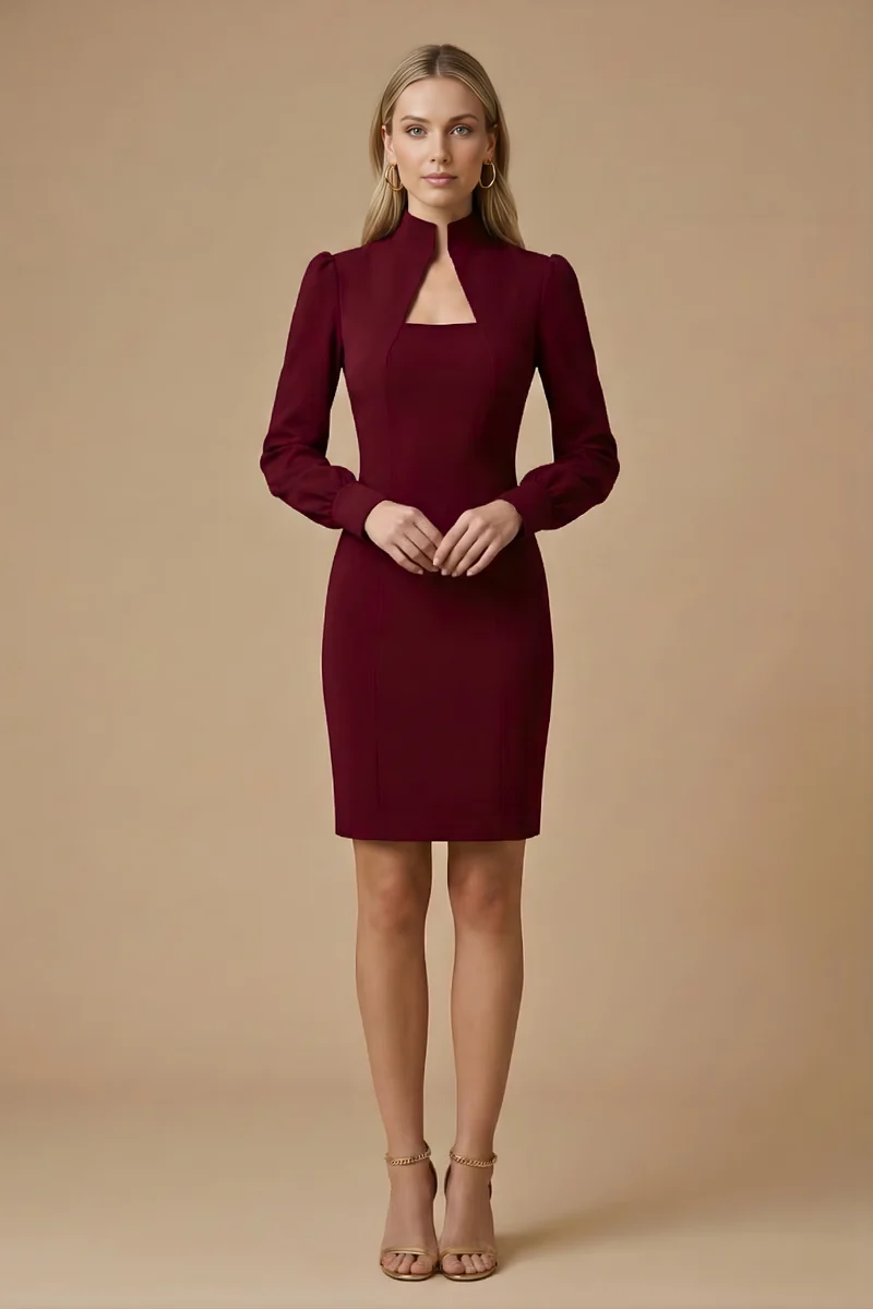 Damen Mini Kleid mit langen Ärmeln, Stehkragen und Ausschnittdetail