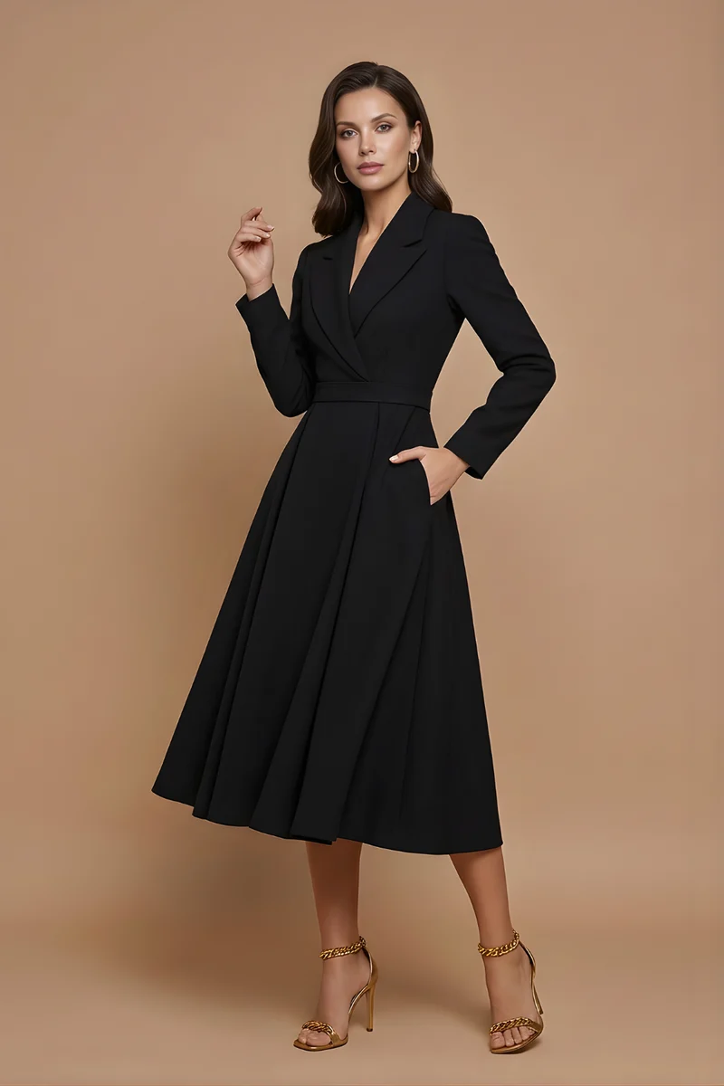 Damen Midi Kleid mit langen Ärmeln, Wickeloptik und Gürtel