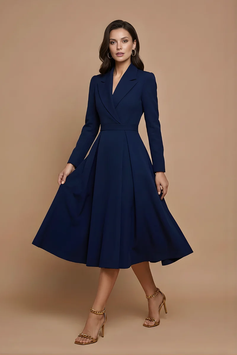 Damen Midi Kleid mit langen Ärmeln, Wickeloptik und Gürtel