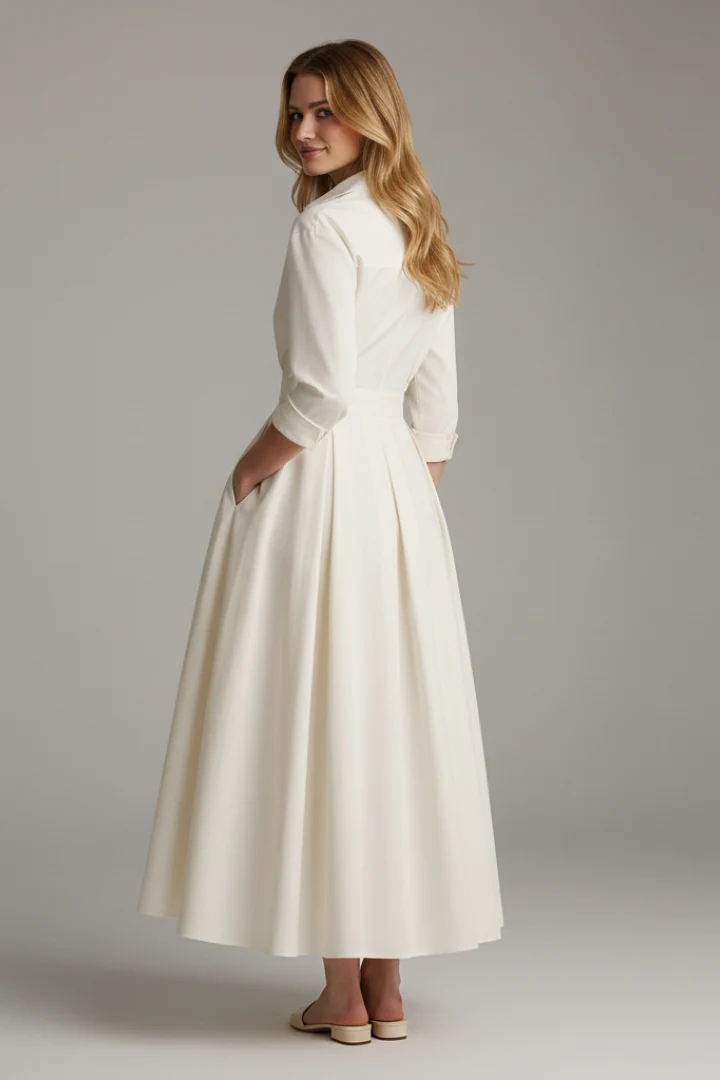 Damen Midikleid mit Kragen, V-Ausschnitt und Faltenrock