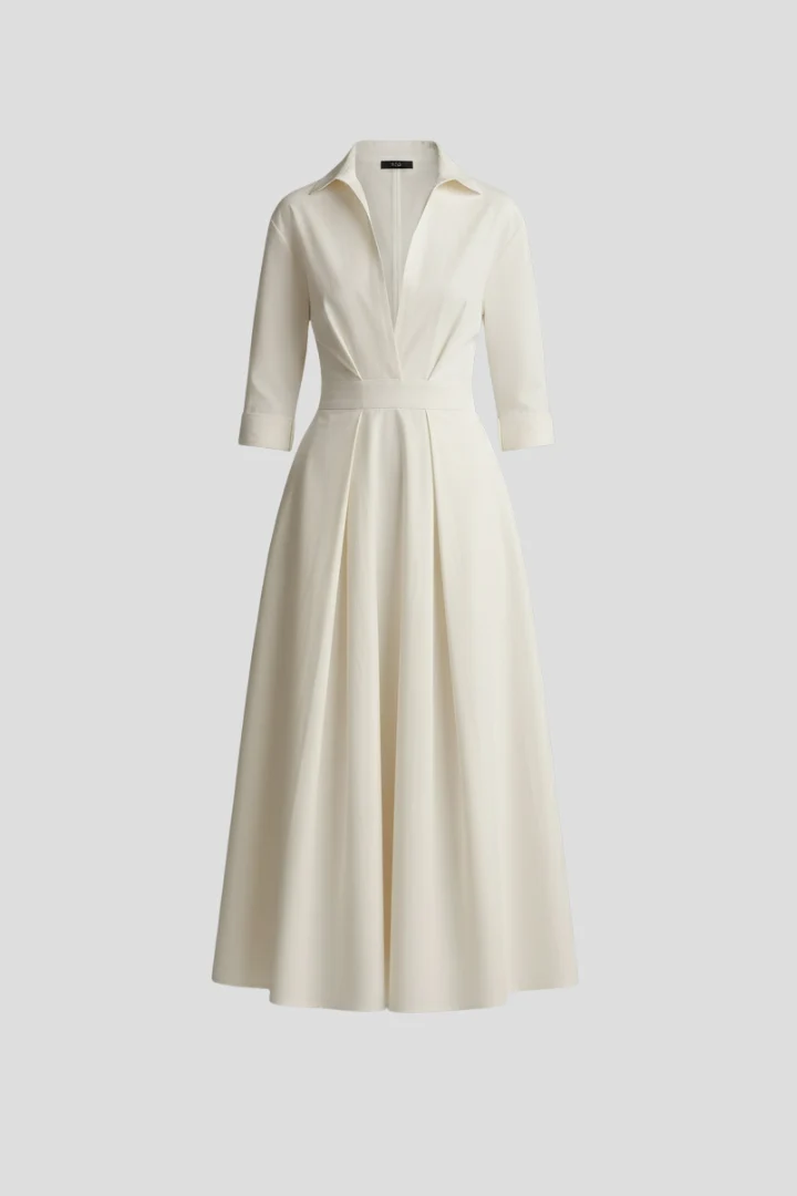 Damen Midikleid mit Kragen, V-Ausschnitt und Faltenrock