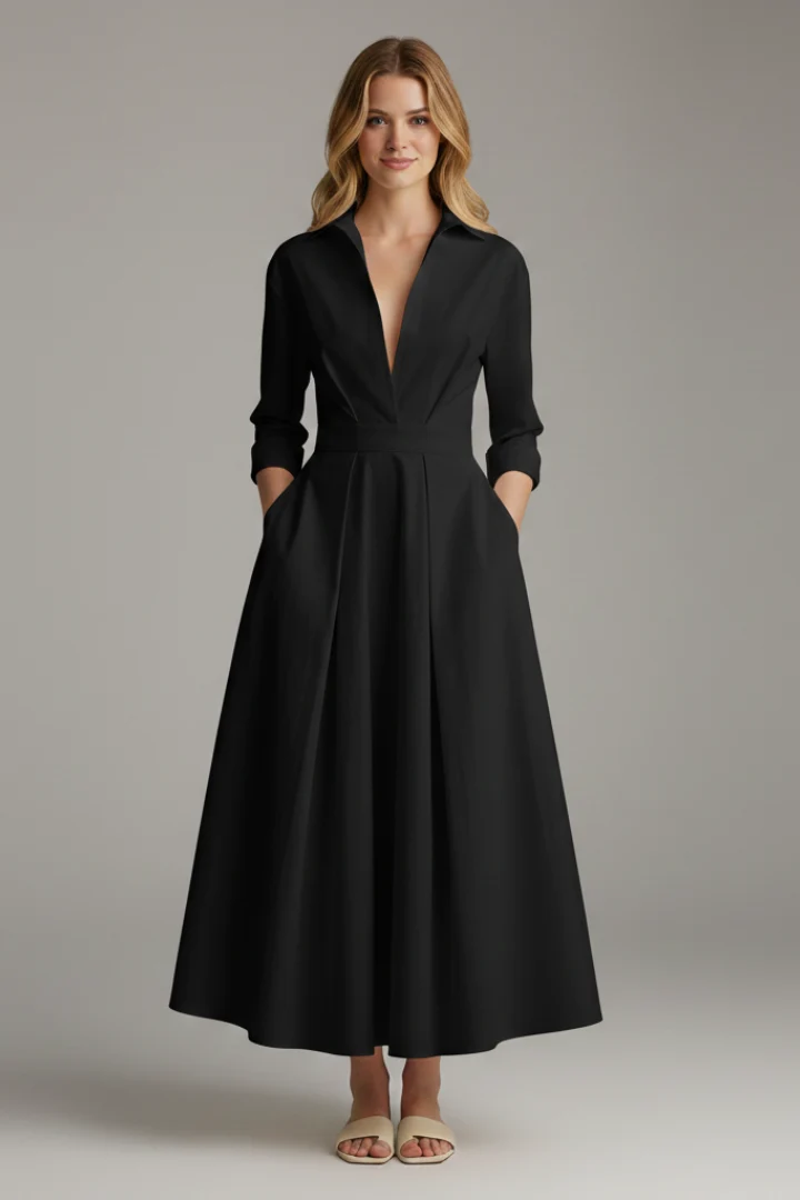 Damen Midikleid mit Kragen, V-Ausschnitt und Faltenrock