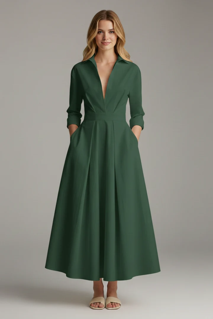 Damen Midikleid mit Kragen, V-Ausschnitt und Faltenrock