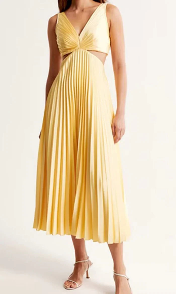 Damen Midi Kleid mit V-Ausschnitt und Plisseerock