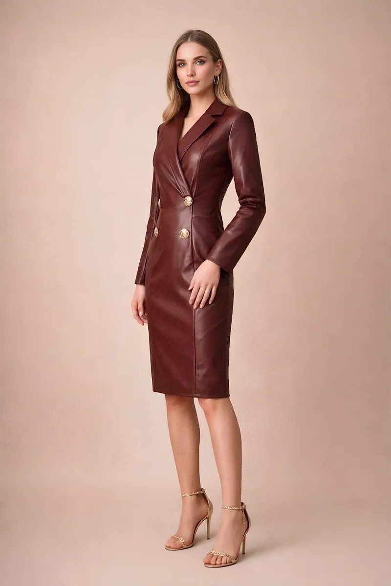Damen Midi Kleid im Blazer-Stil mit langen Ärmeln und Doppelknopfleiste