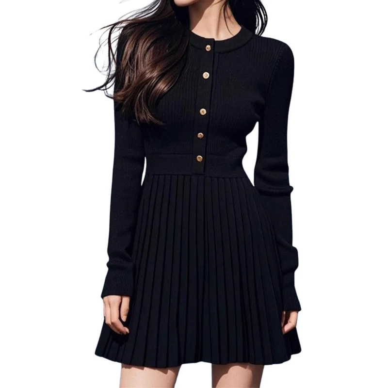 Damen Mini Kleid mit langen Ärmeln, Knopfleiste und Rüschensaum