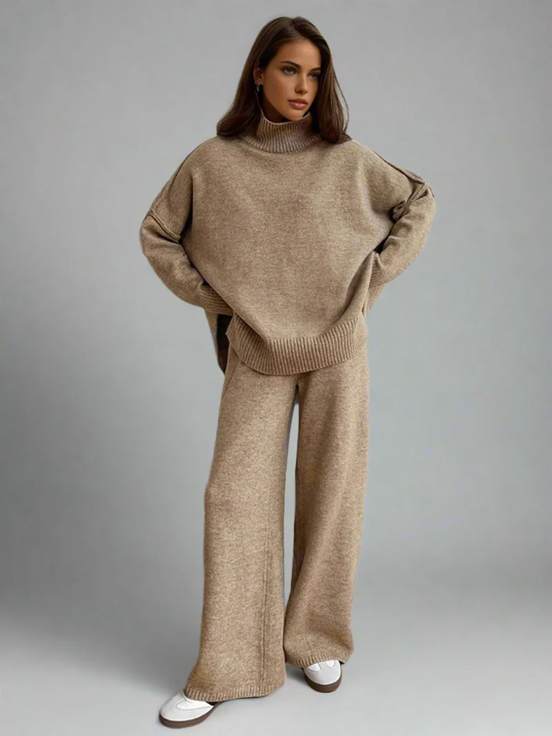 Damen Strick-Set mit Rollkragenpullover und weiter Hose