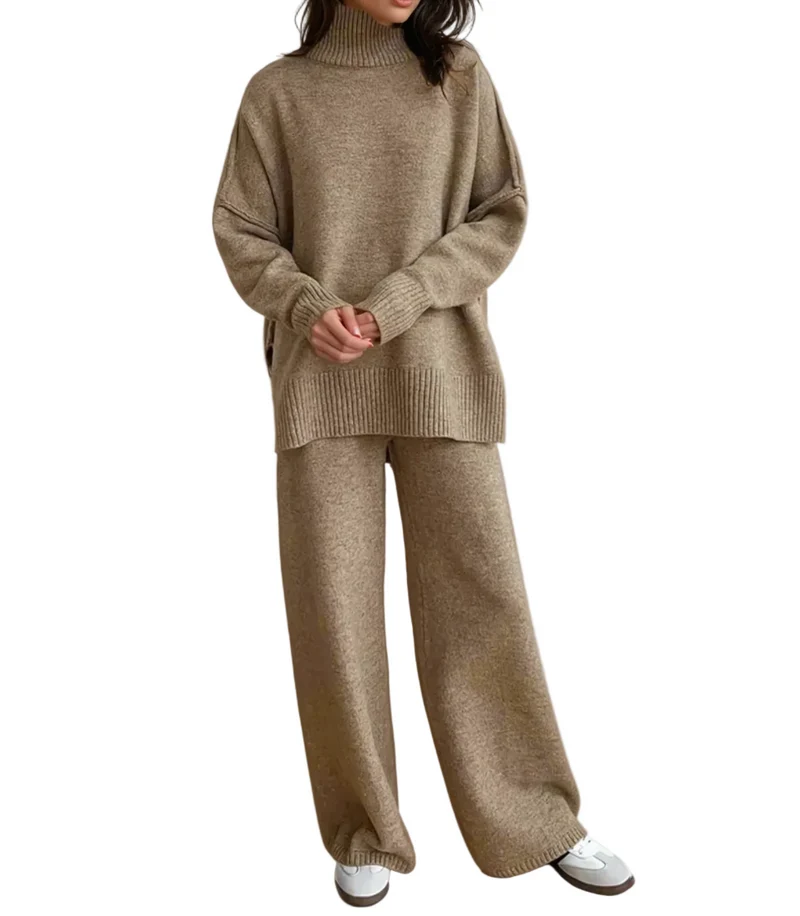 Damen Strick-Set mit Rollkragenpullover und weiter Hose