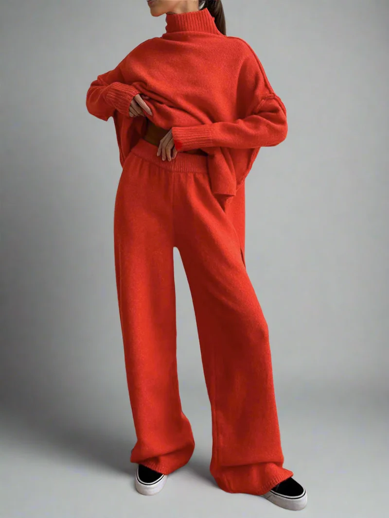 Damen Strick-Set mit Rollkragenpullover und weiter Hose
