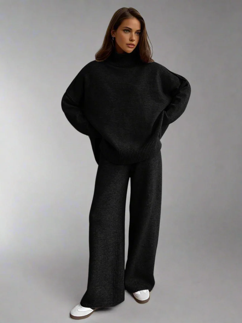 Damen Strick-Set mit Rollkragenpullover und weiter Hose
