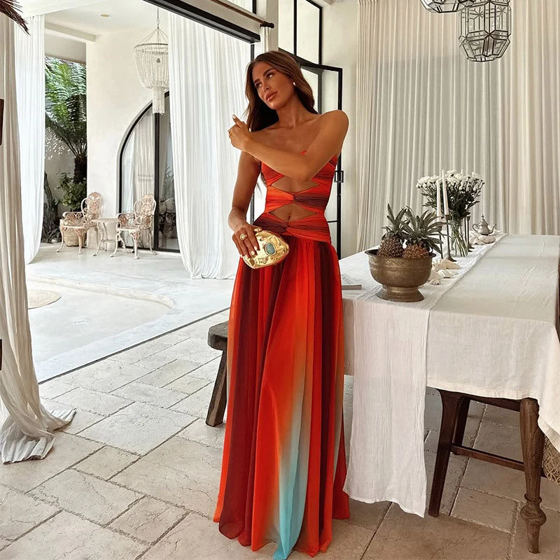 Damen Maxikleid mit trägerlosem Oberteil und Farbverlauf
