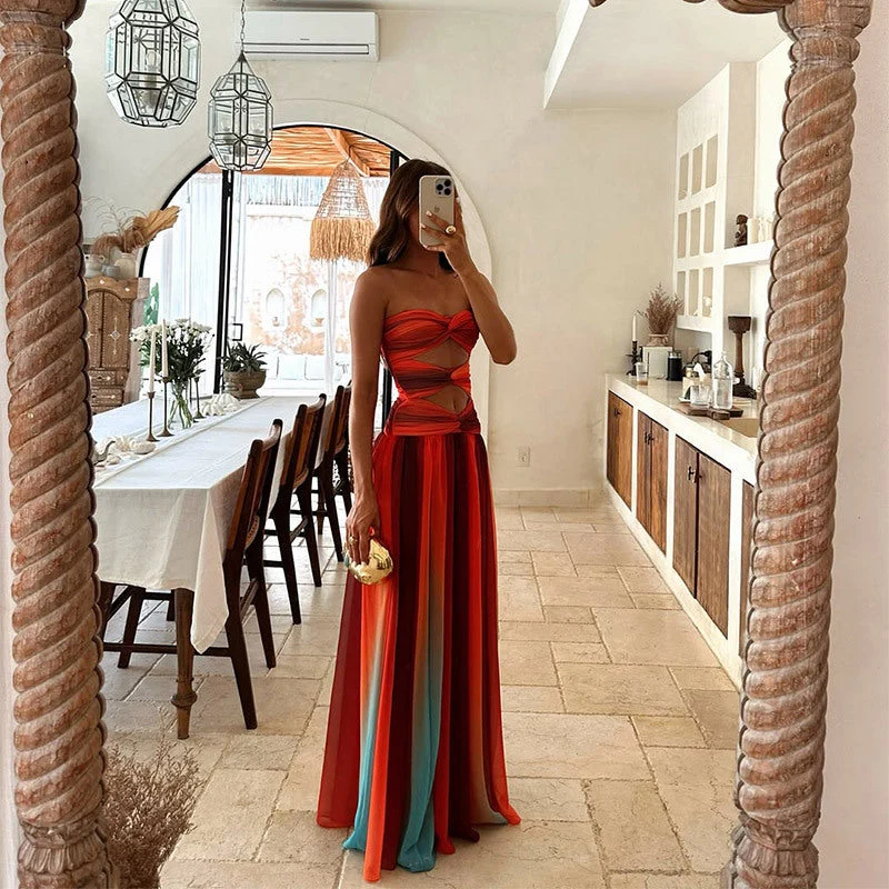 Damen Maxikleid mit trägerlosem Oberteil und Farbverlauf