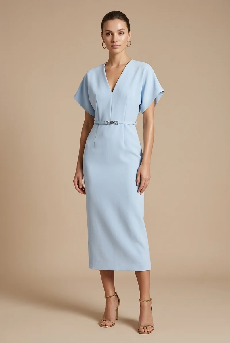 Damen Midi Kleid mit kurzen Ärmeln, V-Ausschnitt und Gürtel