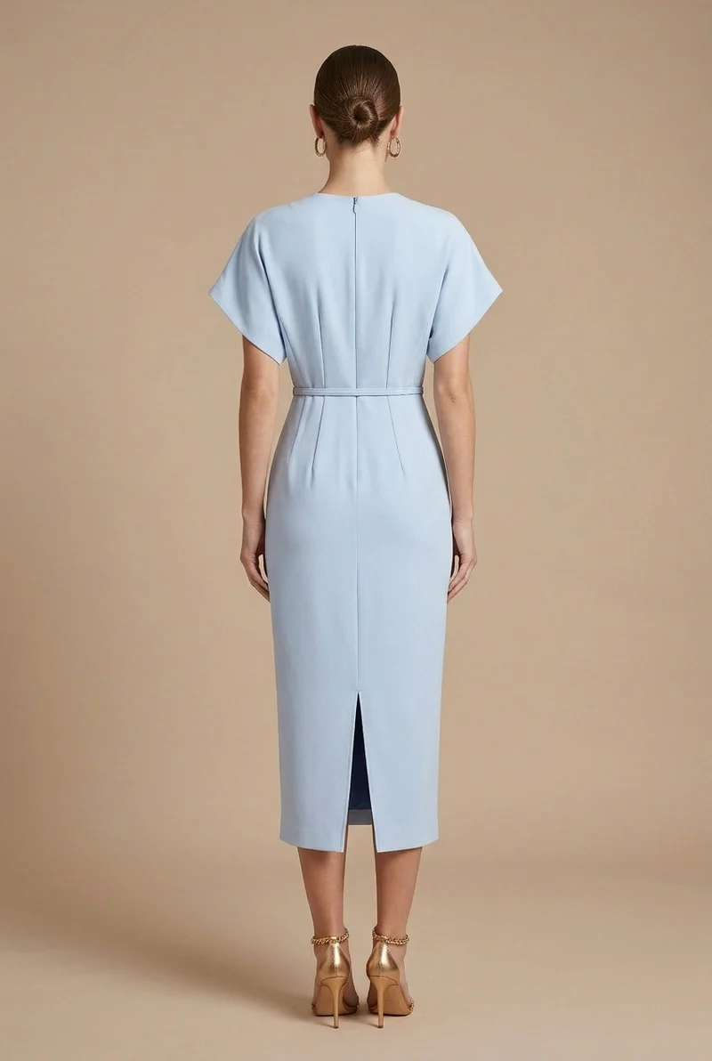 Damen Midi Kleid mit kurzen Ärmeln, V-Ausschnitt und Gürtel