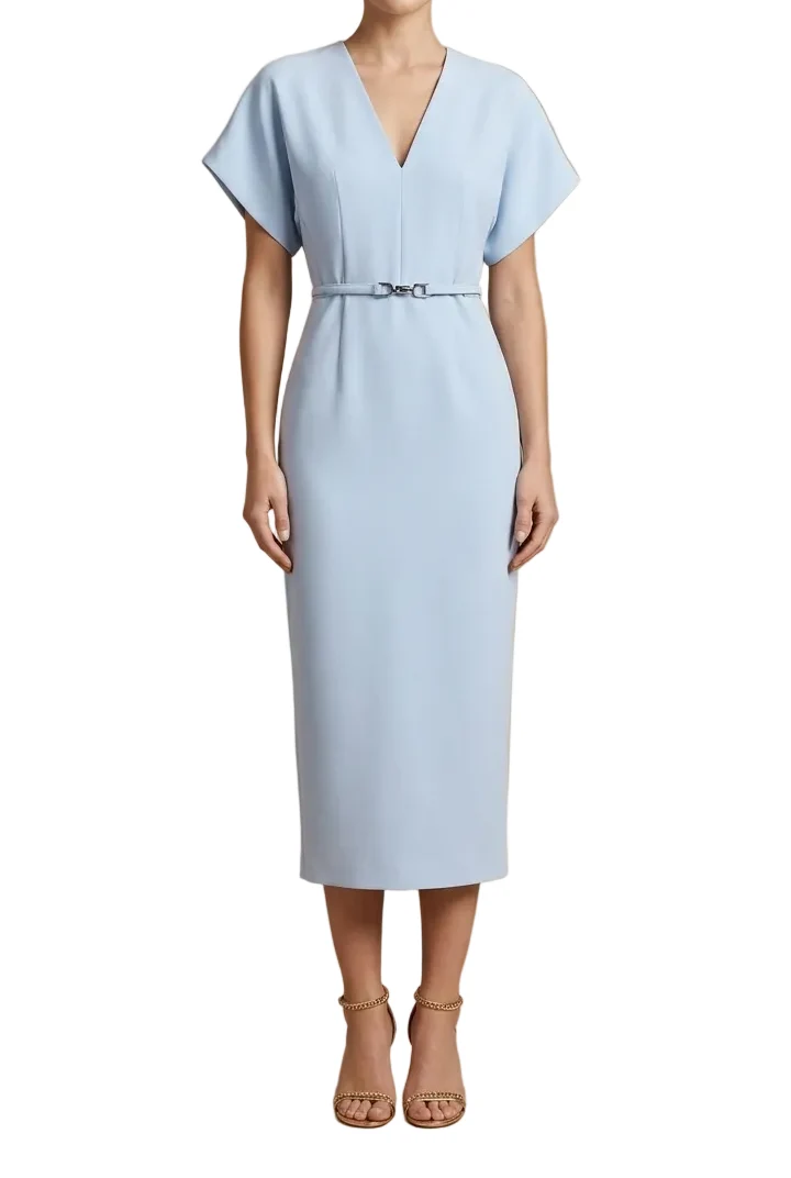 Damen Midi Kleid mit kurzen Ärmeln, V-Ausschnitt und Gürtel