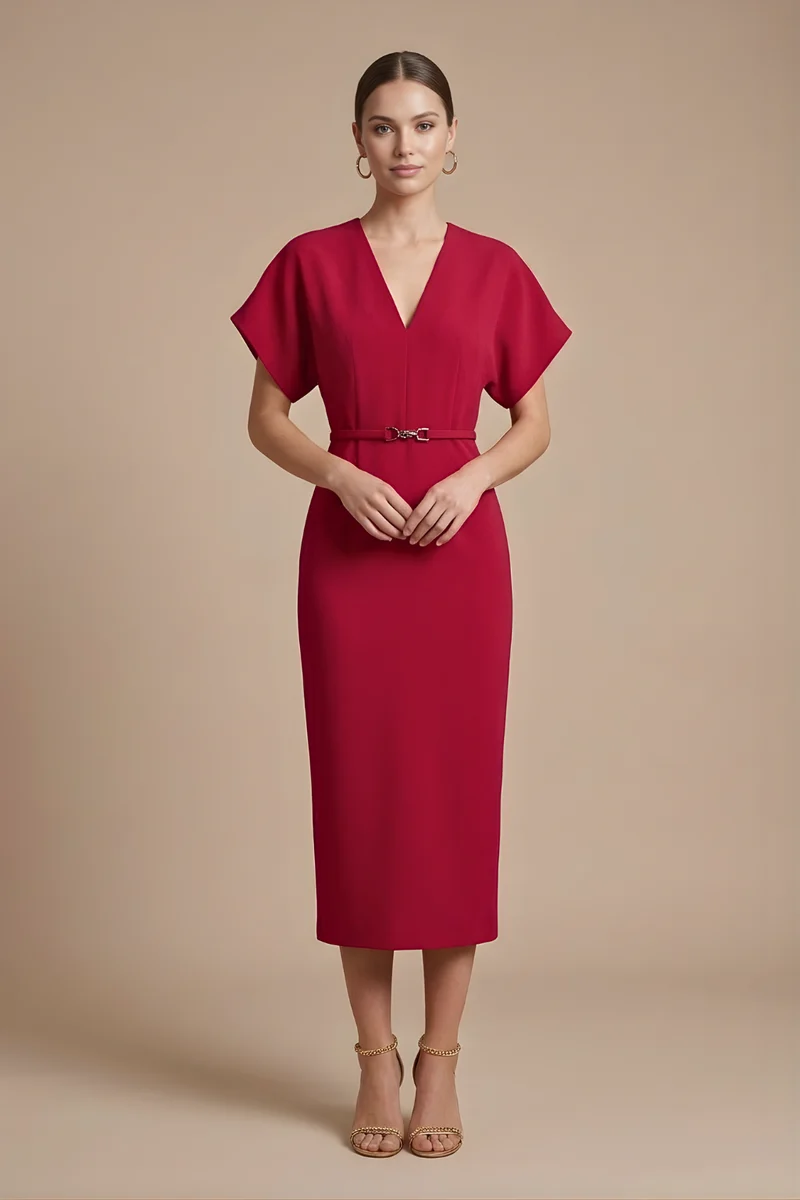 Damen Midi Kleid mit kurzen Ärmeln, V-Ausschnitt und Gürtel