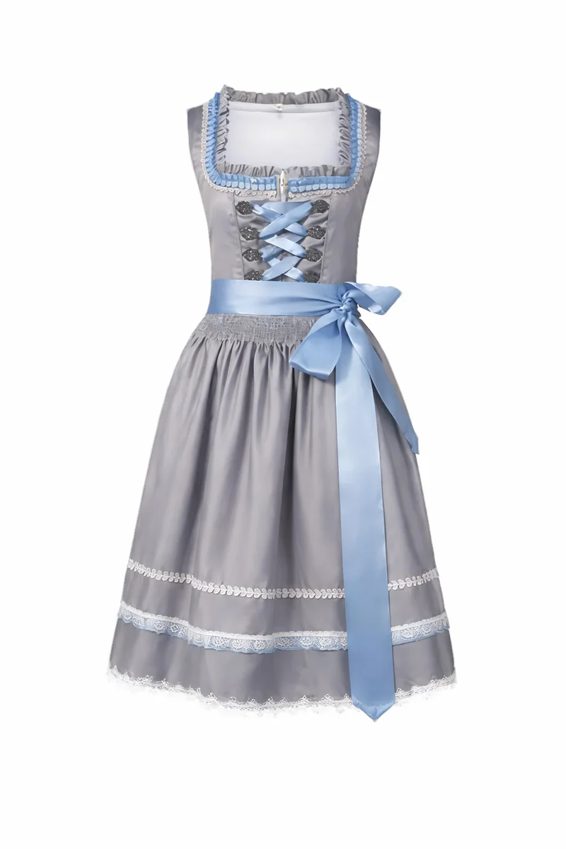 Damen Dirndl Kleid mit eckigem Ausschnitt, Schnürung und Taillenband