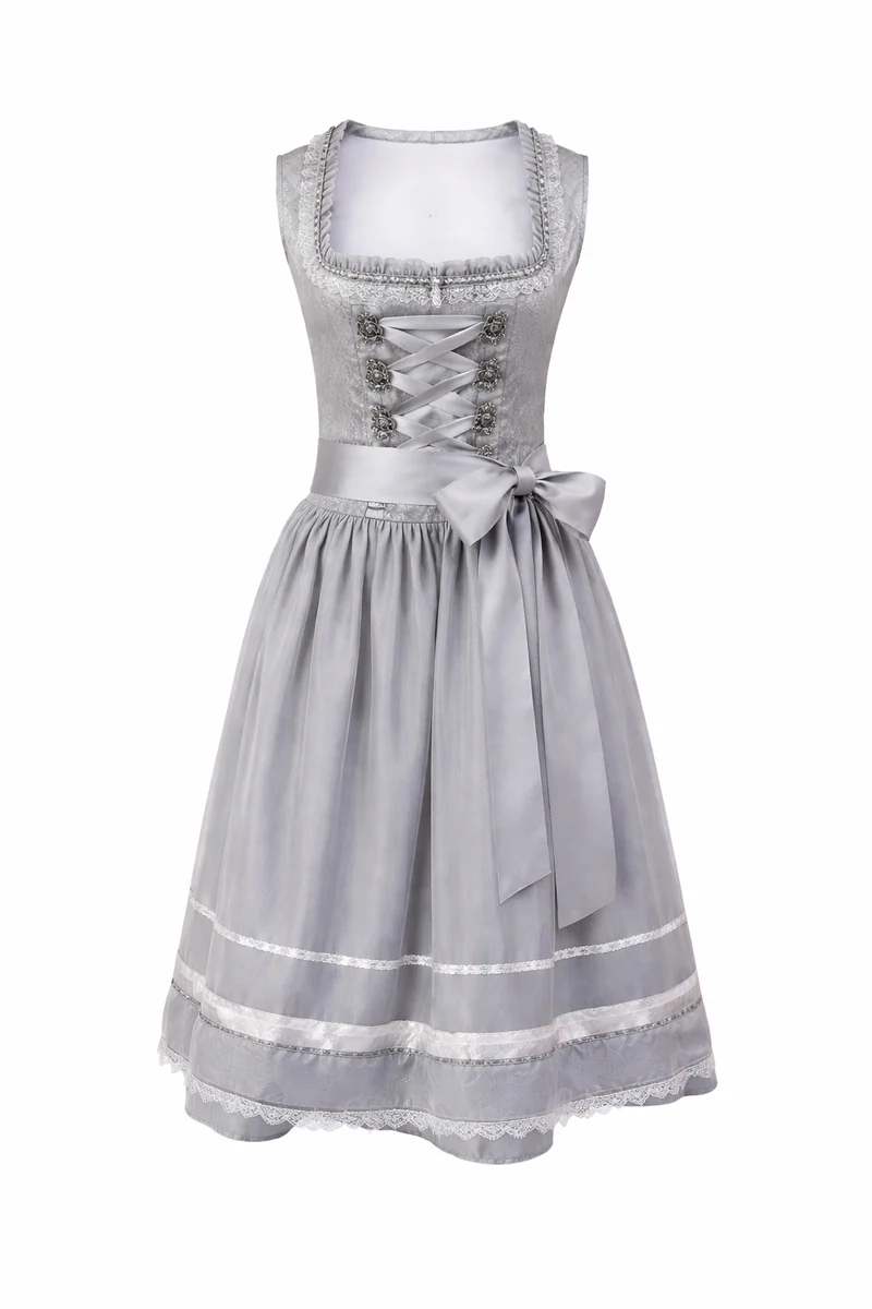 Damen Dirndl Kleid mit eckigem Ausschnitt, Schnürung und Taillenband