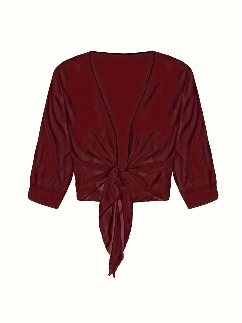 Damen transparente Kurzbluse mit Bindung vorne und kurzen Ärmeln