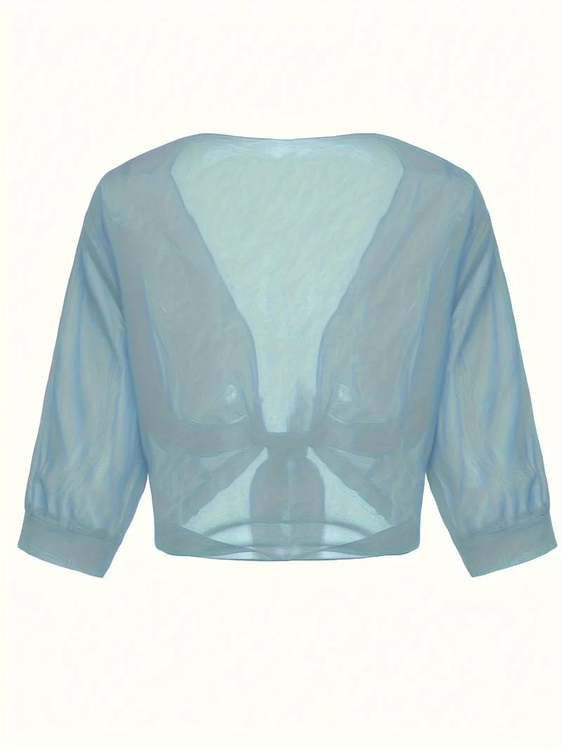 Damen transparente Kurzbluse mit Bindung vorne und kurzen Ärmeln