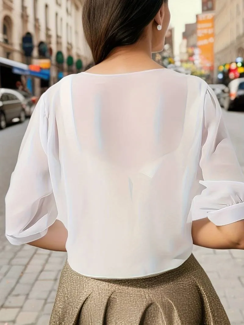 Damen transparente Kurzbluse mit Bindung vorne und kurzen Ärmeln