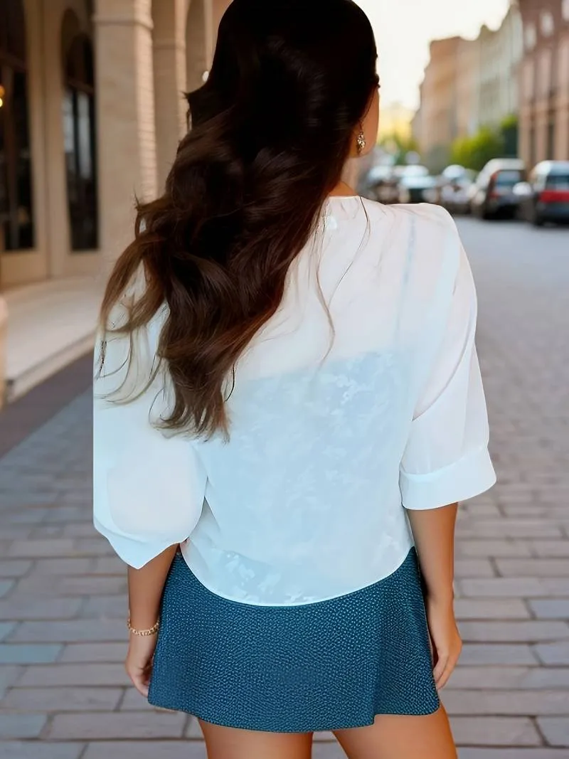 Damen transparente Kurzbluse mit Bindung vorne und kurzen Ärmeln