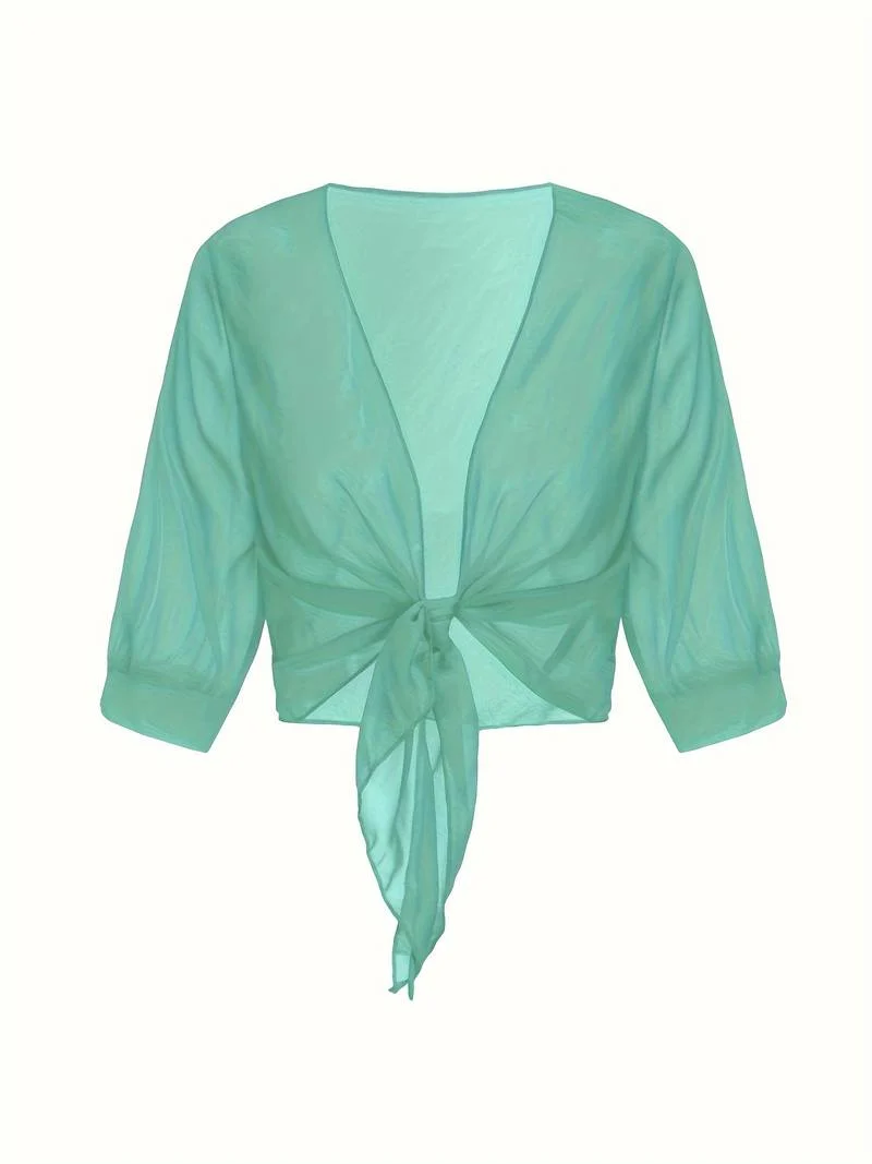 Damen transparente Kurzbluse mit Bindung vorne und kurzen Ärmeln